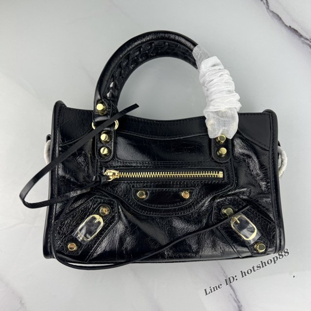 Balenciaga專櫃爆款手提女包 巴黎世家原版油蠟頭層牛皮香皮鳳梨金釘迷你機車包 fyj1341